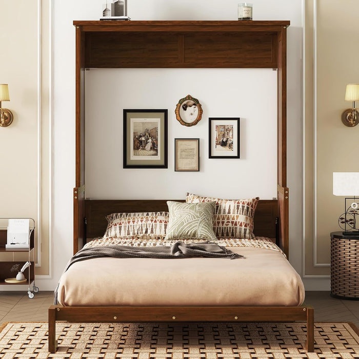 Queen Size Murphy Bed with Storage Shelf & Support Plate for Adult,Girls,Boys,Wood Hidden Wall Bed Cabinet,Space-Saving,No Box Spring Needed, Walnut