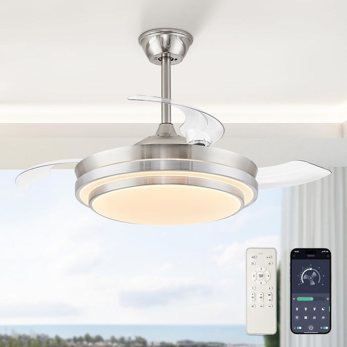 Retractable Ceiling Fans with Lights and Remote, 42 Inch Fandelier Ceiling Fans with LED Lighting, Smart Modern Ceiling Fan, Stepless Color Changeable, Dimmable, Timer Setting, Brush Nickel