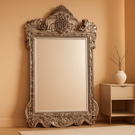 Howard Elliott Marquette Antique Oversized Full Length Mirror, Ornate Full Body Standing Floor Mirror, Large Leaning Wall Mirror for Bedroom & Living Room, Silver Leaf, 49" X 84" X 3" Inch