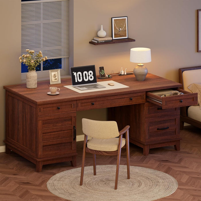 60In Wooden Executive Desk with 5 Drawers, Office Desk Computer Table with Charging Station, Farmhouse Home Office Desk with File Cabinet Storage, for Study and Home Office, Walunt Brown
