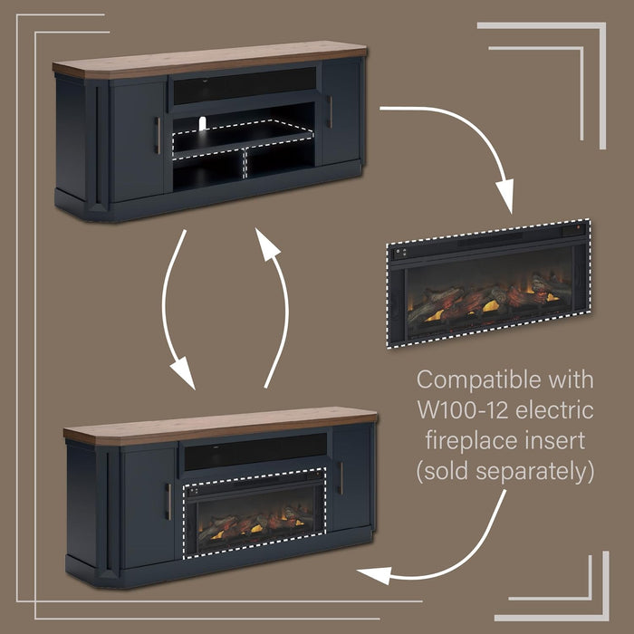 Landocken Contemporary 83" TV Stand for Tvs up to 95" with Fireplace Option, 2 Cabinets, 2 Doors, 2 Adjustable Shelves, Open Cubbies and Cord Openings, Dark Brown & Blue