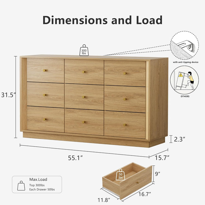 9 Drawer Dresser, Mid Century Modern Dresser with Storage, 55" Wide Chest of Drawers with Wood Grain Texture, Dressers TV Stand for Bedroom, Living Room, Hallway, Gold Oak