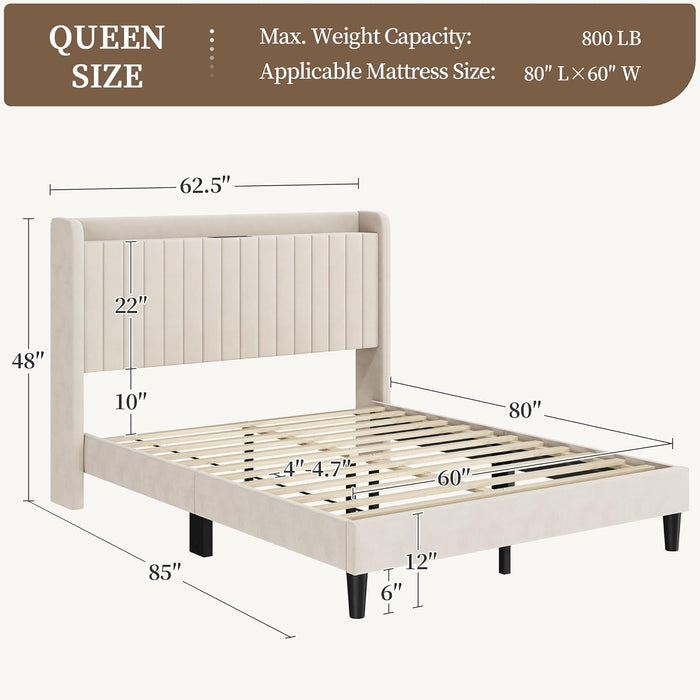 Queen Bed Frame with USB Charging Station and Storage Shelf/Upholstered Headboard Platform Bed with Wing Side/Wooden Slats Support/Noise Free/No Box Spring Needed/Easy Assembly, Cool Beige