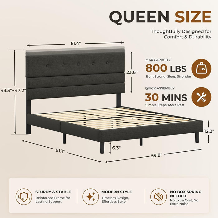 Queen Size Bed Frame with Linen Fabric Headboard, Adjustable Height Upholstered Platform Bed Frame with Wooden Slats, Easy Assembly, Black
