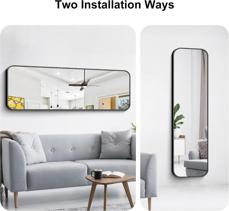 60"X20" Full Length Wall Mirror, Large Black Vanity Mirror with Rounded Corner & Metal Frame, Modern Design for Bathroom, Living Room, Entryway, Hang Horizontal/Vertical