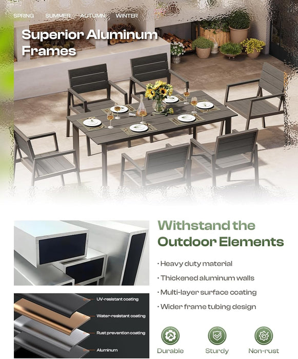 Outdoor Patio Dining Table Sets 7-Piece Aluminum and HDPS All-Weather Table and Chairs with Umbrella Hole, Patio Modern Furniture Sets for Garden, Backyard, Lawn, and Poolside, Charcoal