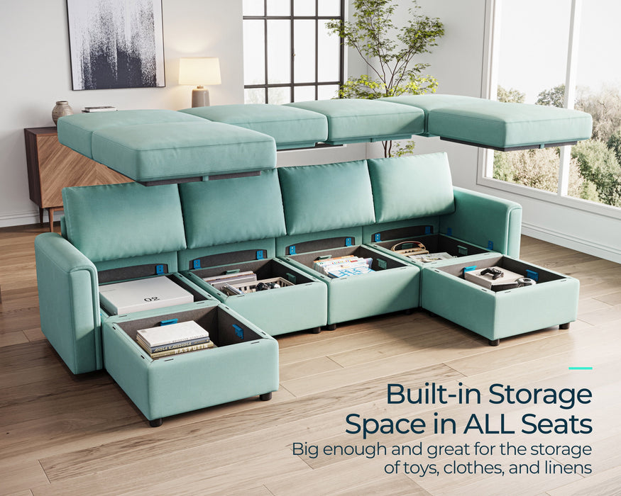 Modular Couches and Sofas Sectional with Storage, 6 Seat Sectional Sofa for Living Room, U Shaped Sectional Couch with Reversible Chaises, Teal