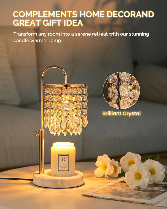 Candle Warmer Lamp with Timer Dimmer and 3 Bulbs, Candle Lamp Warmer with Marble Base for Adjustable Height, Crystal Candle Lamp for Jar Candles, House Warming Gifts Home Room Decor, French Gold
