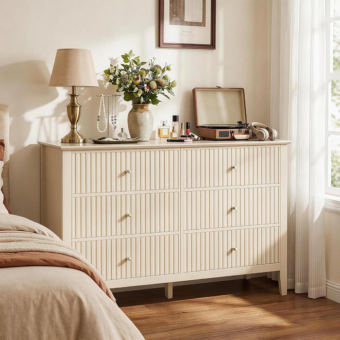 Beige 6 Drawer Dresser, Fluted Modern Wood Chest of Drawers, Long Dresser for Bedroom TV Stand Storage Cabinet for Living Room