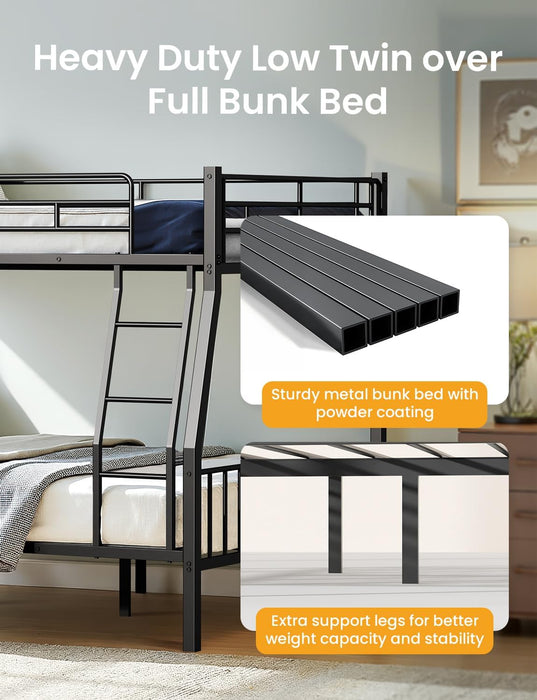 Full XL over Queen Bunk Beds for Adults, Heavy-Duty Metal Bunk Bed Frame with Non-Slip Ladder and Safety Full-Length Guardrails for Kids Teens Adults, Space-Saving, Black