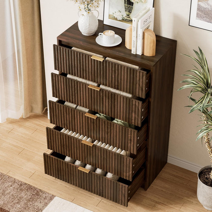 Walnut Dresser for Bedroom, Tall Dresser with 5 Drawers and Smooth Slides, Modern Chest of Drawers with Golden Handles for Bedroom, Living Room, Closet, 15.7" D X 31.5" W X 47.2" H
