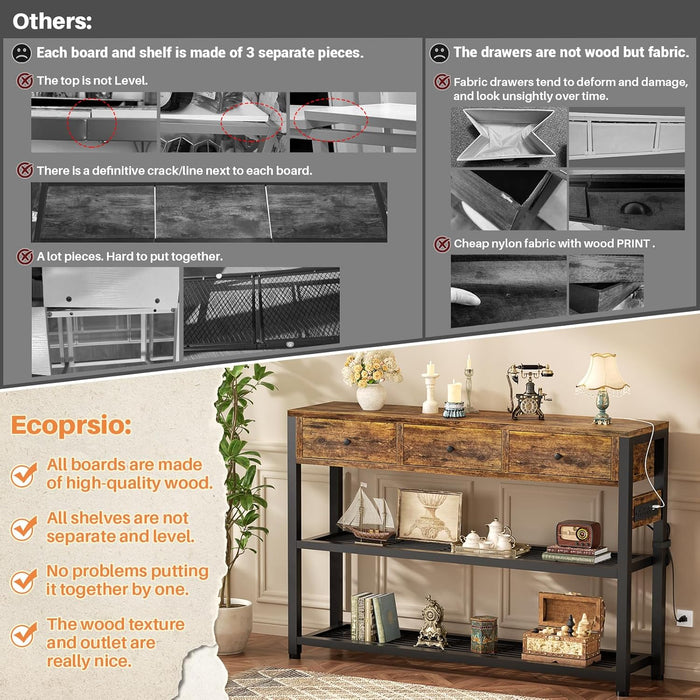 47'' Entryway Table with Outlets and USB Ports, Console Table with 3 Drawers, Sofa Table Narrow Long with Storage Shelves for Living Room, Couch, Hallway, Foyer, Kitchen Counter, Rustic Brown