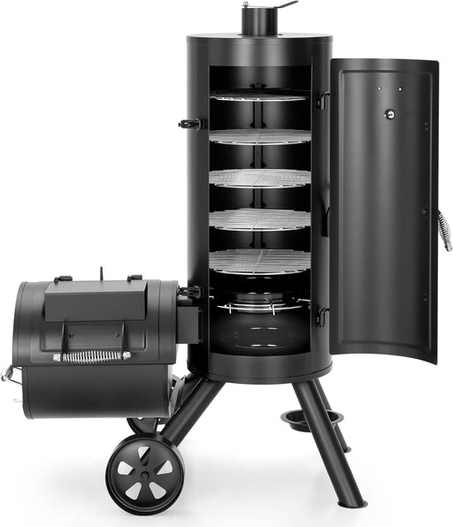 Charcoal Vertical Smoker Grill and Offset Smoker Grill Combo, Extra Large Outdoor Barrel BBQ Meat Smoker with 5 Removable Smoking Grates & Built-In Hooks for Various Meat Foods