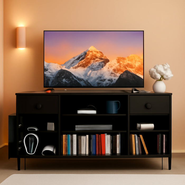 70" Modern Fluted TV Stand for 80" Tvs - Entertainment Center with 2 Drawers, Storage Cabinets & Power Outlets, Media Console for Living Room, Black