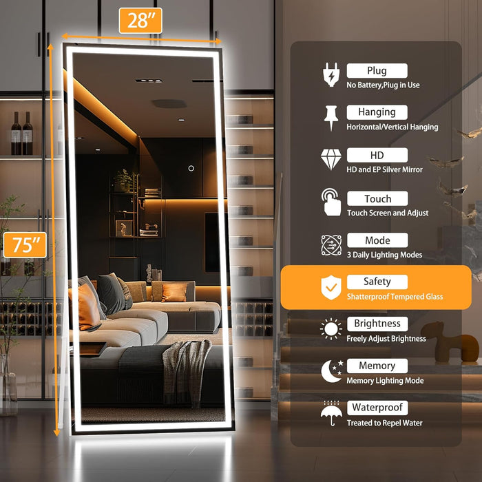 Full Length Mirror with Lights, 75" X 28" LED Lighted Floor Standing, Full Body Dressing Hanging Mounted Mirror, Tempered Glass, Square White