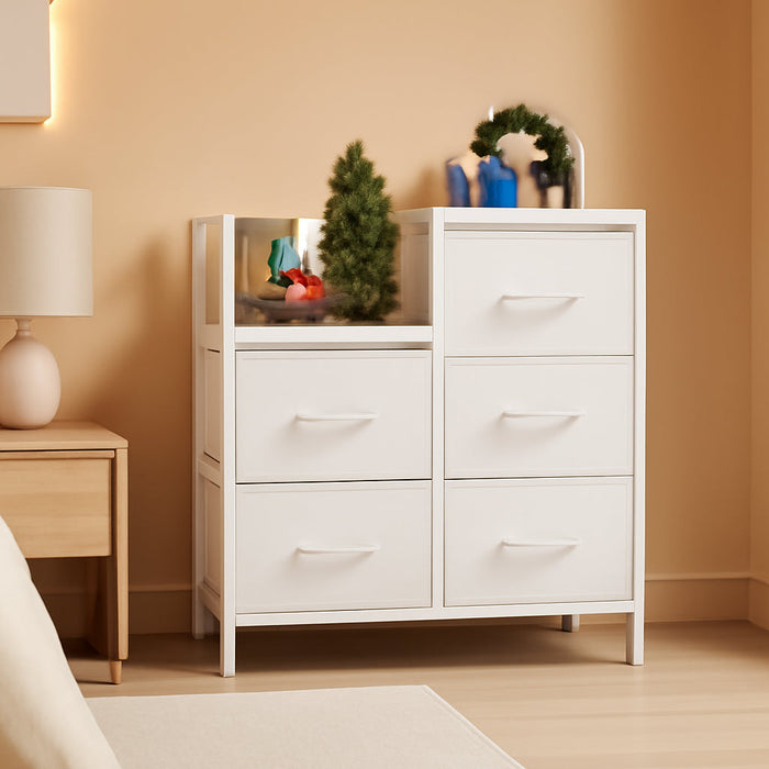 5 Drawer White Dressers for Bedroom 2 Tier Shelf Storage Small Fabric Dresser for Closet Sturdy Metal Frame Modern Style Storage Cabinets Organization Units for Hallway Rooms
