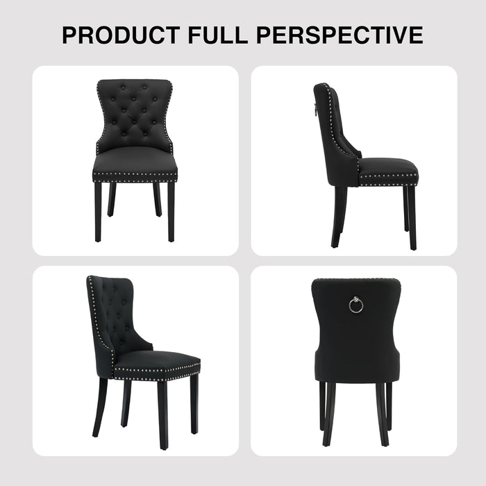 PU Leather Dining Chairs Set of 4, Tufted Upholstered Dining Room Chair with Solid Wood Legs and Pull Ring, Black