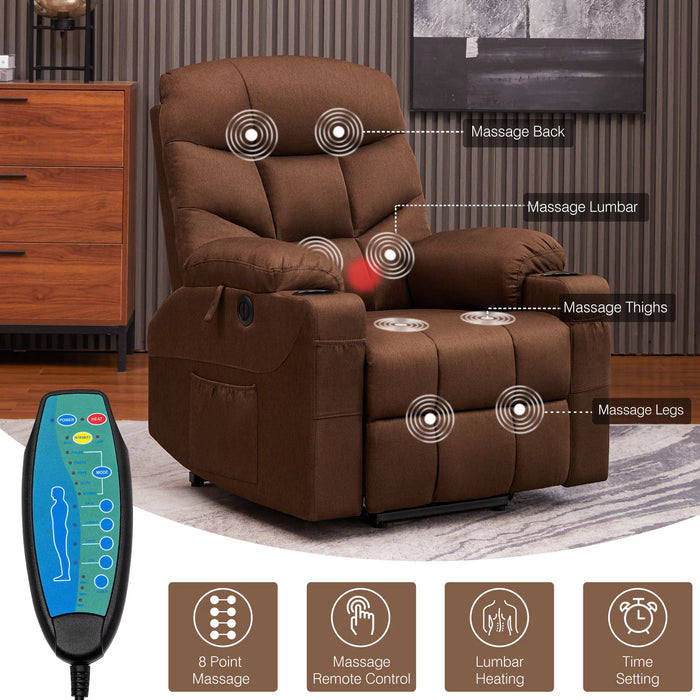 Power Lift Recliner Chair,Massage Lift Chair for Elderly with Heated Vibration,Electric Reclining Chairs,Infinite Position Fabric Recliner Chair,Cup Holders,Remote Control, Brown