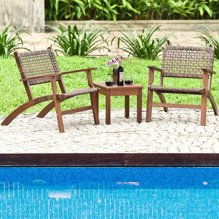 3 PCS Patio Conversation Set, Solid Eucalyptus Wood Frame Outdoor Wicker Furniture Set Bistro Set with Coffee Table, Rattan Furniture Set for Backyard Porch Garden Poolside Balcony (Brown)