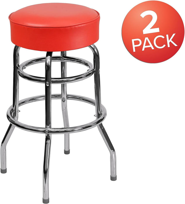 Bruno 2 Pack Double Ring Chrome Barstool with Red Seat