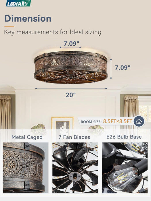 20" Caged Ceiling Fans with Lights,Low Profile Flush Mount Enclosed Bladeless Farmhouse Ceiling Fan with Light and Remote,Black and Gold Vintage Victorian Rustic Fandelier for Bedroom,Kitchen
