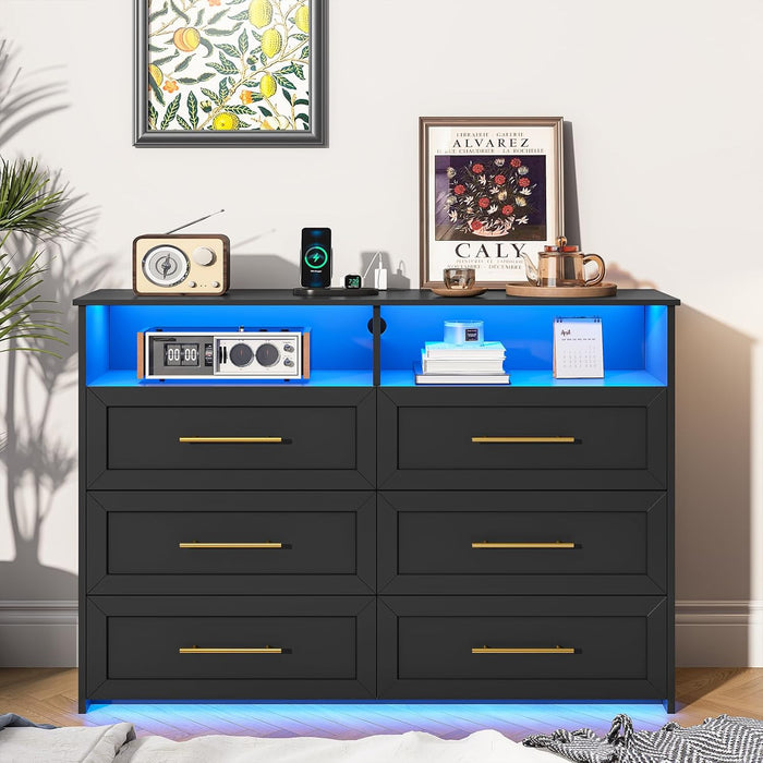 Black Six Drawer Dresser With LEDIlluminationTechnology