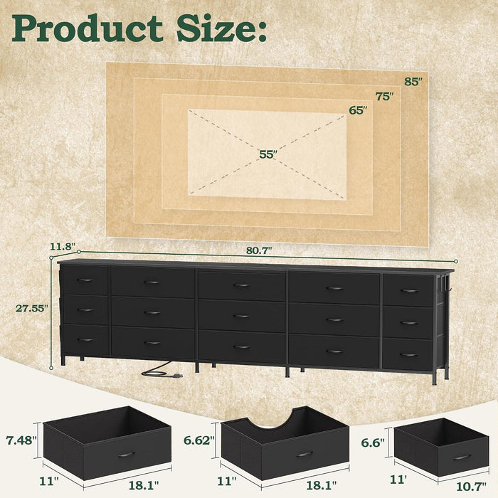 80.7" 15-Drawer Long Dresser for Bedroom, TV Stand for 65-85" Tvs