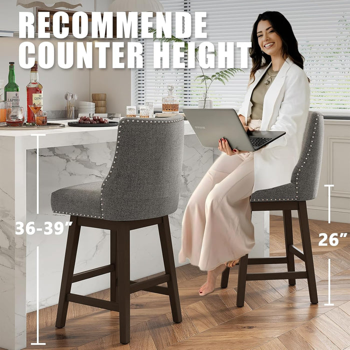 26 Inch Bar Stools Set of 3, Counter Height Swivel Barstools with Back, Solid Wood Legs with Footrest for Kitchen Island (Dark Grey Linen, 3)