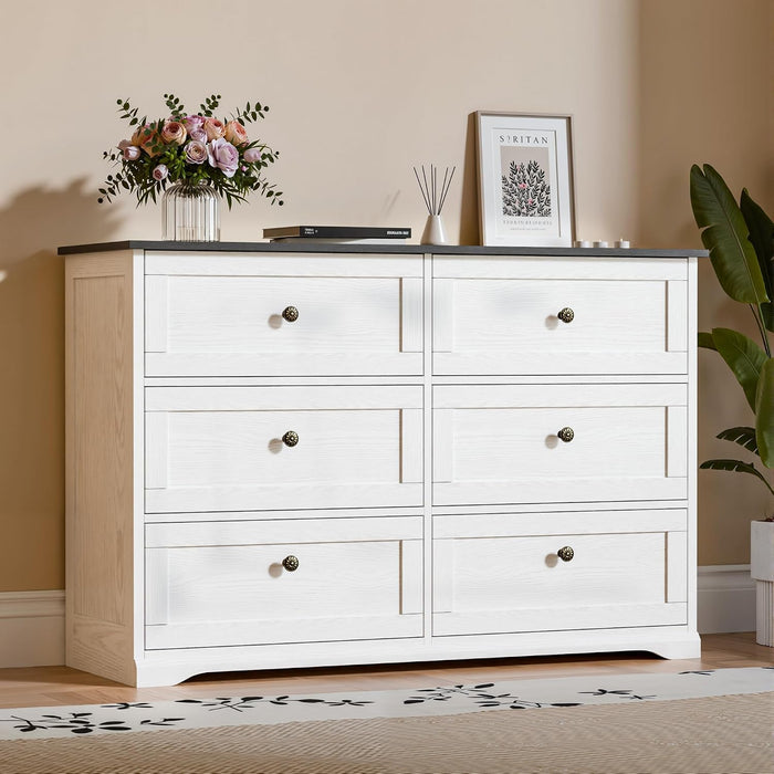 Dresser for Bedroom with 6 Drawers, 47.2" Wide Modern Chest of Drawers with Handle,Dresser TV Stand,White Dresser with Black Countertop for Living Room, Hallway