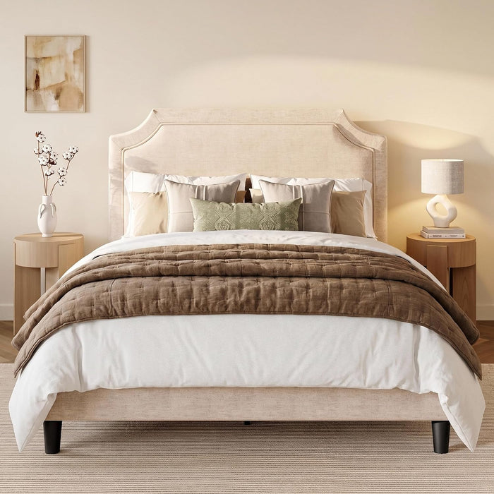 Chenille Queen Size Bed Frame with Belgrave Headboard, Beige