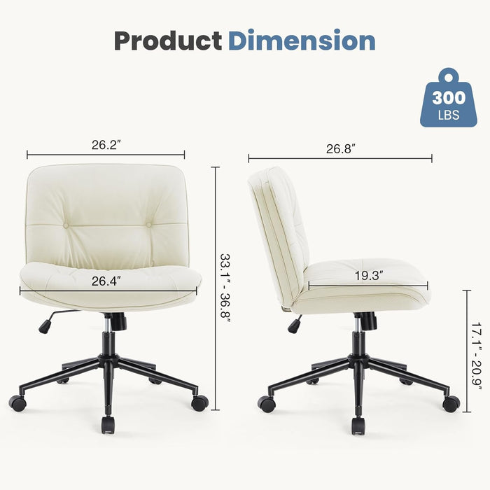 Criss Cross Chair with Wheels, Legged Office Armless Wide Seat, Adjustable Swivel Leather Task Vanity Home Office Desk Seating for Bedroom Dorm Student