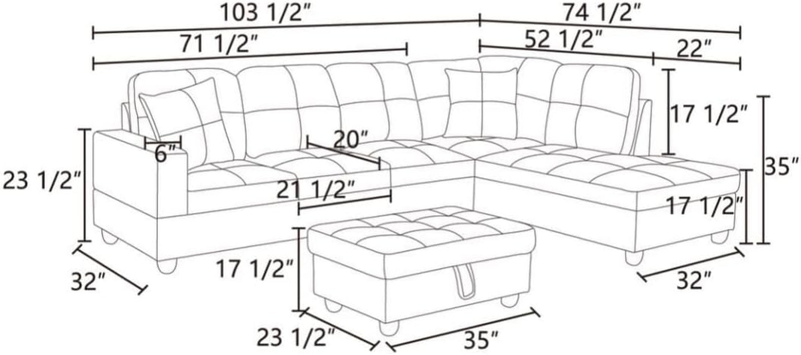 L-Shaped 3-Piece Flannel Sofa with Storage Ottoman Set, Sectional Couch Sofa Set for Living Room, Office, Small Space, Light Grey
