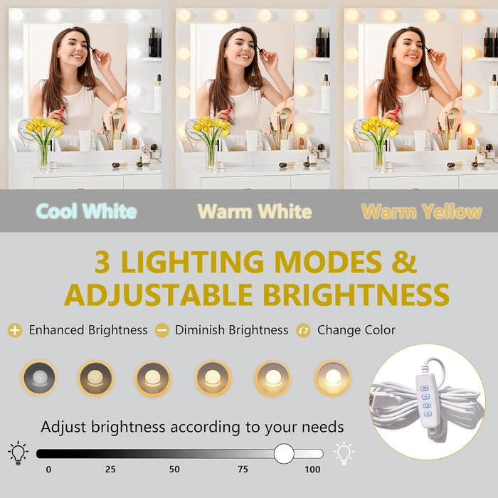 Vanity Desk with Mirror and Lights, Makeup Vanity Table Set with 5 Storage Drawers, Power Outlet & Chair, Small Dressing Table with RGB Ambient Light, Adjustable Brightness for Girls Bedroom, White