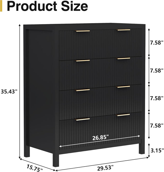 4 Drawer Dressers for Bedroom, Modern Closet Chest of Drawers with Waveform Fluted Panel, Large Wood Storage Dresser Organizer for Nursery Bedroom Living Room Hallway Closet, Black
