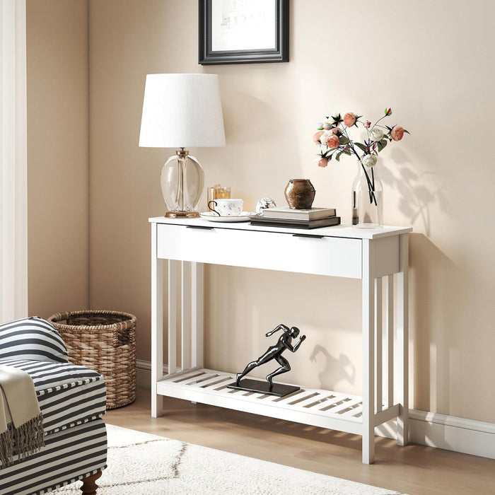 White Narrow Console Table with Drawer Storage Shelf, Modern Wooden Entryway Sofa Table, 39 Inch Slim behind Couch Table, Side Display Console Table for Living Room,Office,White