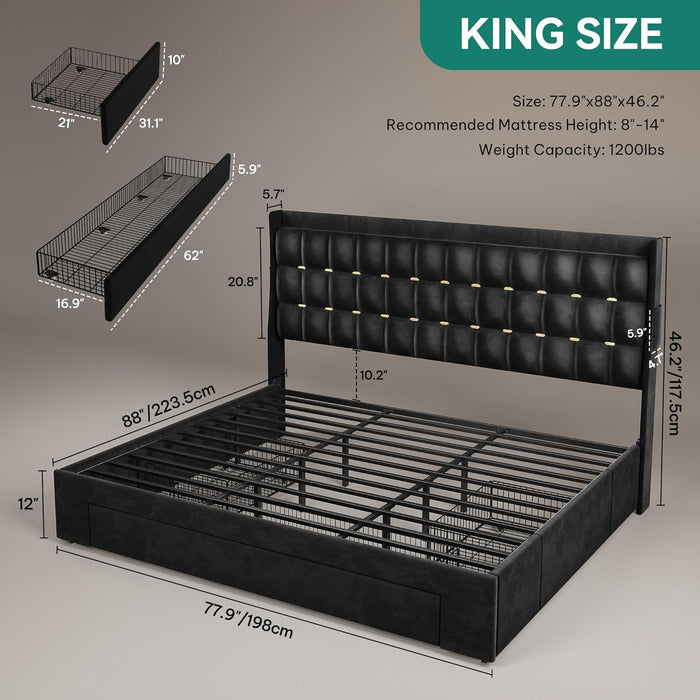King Size Bed Frame with 3 Storage Drawers and RGB LED Lights, Velvet Upholstered Bed with Charging Station and Storage Headboard, No Box Spring Needed, Easy Assembly, Noise-Free, Black