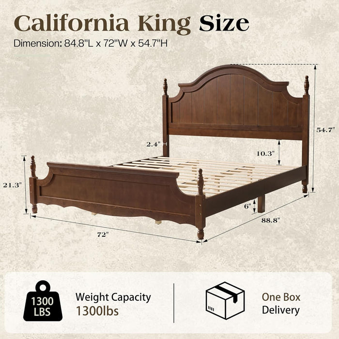 California King Solid Wood Bed Frame with 55" Arched Headboard, Traditional Poster Bed with 12 Wooden Slat Base, No Box Spring Needed/Noise Free& Non Slip/Easy Assembly, Dark Walnut