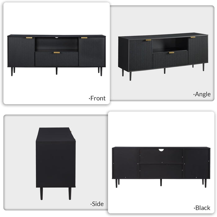 Black TV Stand for 65 Inch TV, TV Consoles for Living Room, TV Stand for Bedroom W/Drawer and Storage, Wood Fluted Panel Media Console, Entertainment Center W/Soft Hinge & Cable Management