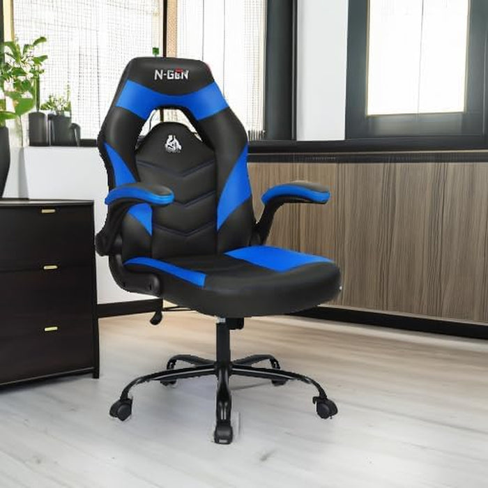 N-GEN Video Gaming Computer Chair Ergonomic Office Chair Desk Chair with Lumbar Support Flip up Arms Adjustable Height Swivel PU Leather Executive with Wheels for Adults Women Men (Blue)