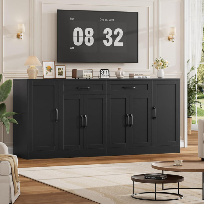 71” Large Buffet Cabinet with Storage, Sideboard Buffet Cabinet with Adjustable Shelves and 6 Soft-Close Doors, Wood Coffee Bar Console Table for Kitchen, Dining Room, Black
