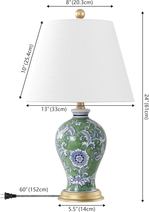 Grace 24" French Country Floral Urn Ceramic Lamp, Green/White