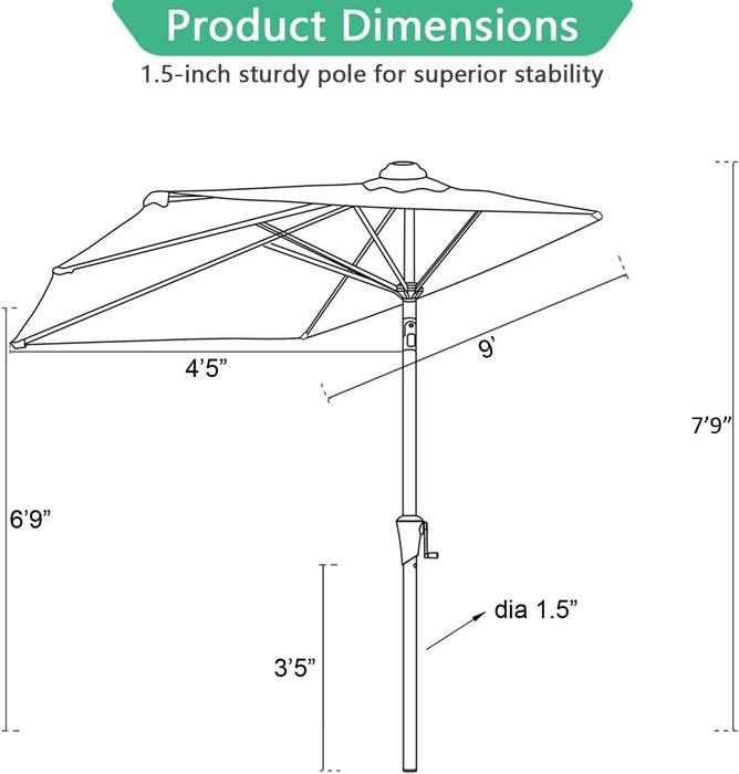9 Ft Small Half round Solar Powered Wall Outdoor Market Patio Umbrella with LED Lights and Tilt for Garden, Deck, Balcony