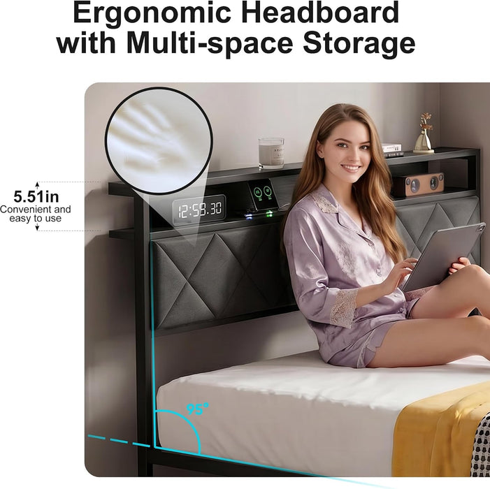 Full Bed Frame with LED Lights, Charging Station & 2 Storage Drawers, Metal Platform with Upholstered Headboard, No Box Spring Needed, Easy Assembly