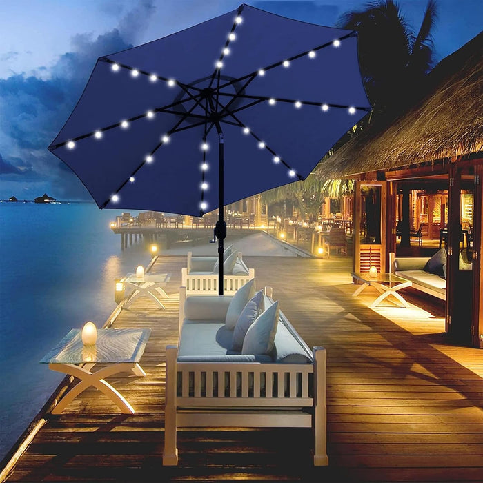 9 Ft Solar Umbrella 32 LED Lighted Patio Umbrella Table Market Umbrella with Tilt and Crank Outdoor Umbrella for Garden, Deck, Backyard, Pool and Beach (Navy Blue)