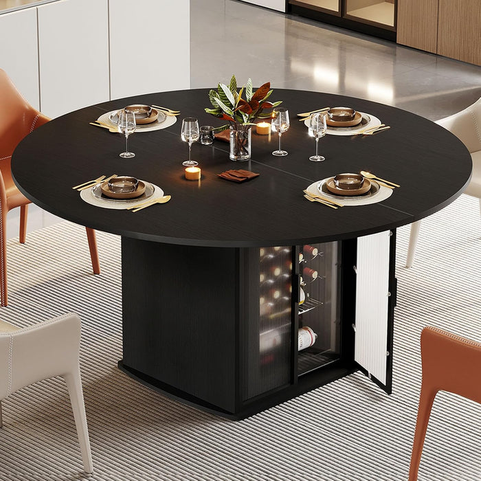 Black round Dining Table for 4, 47 Inch Dining Room Table with Storage | Modern Kitchen Tables with Fridge Space, Industrial Wood Dinner Tables for Home Kitchen Living Room, Black Oak, Only Table