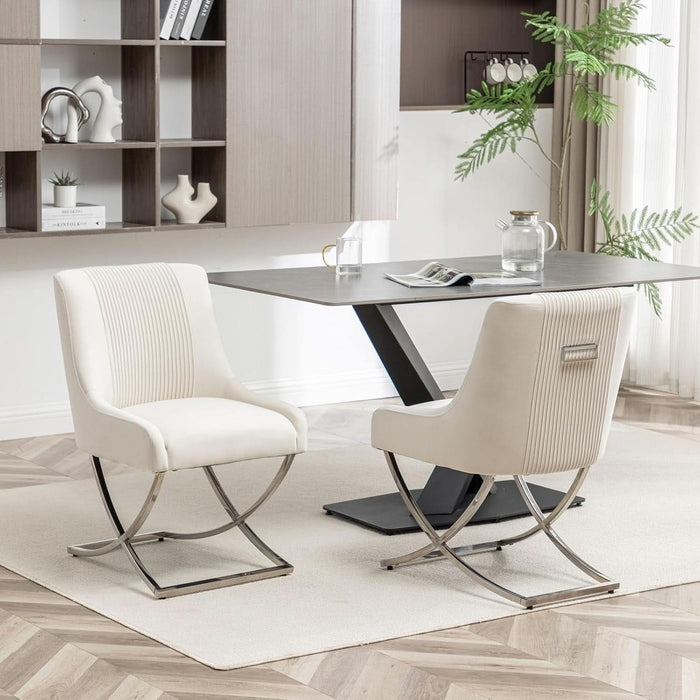 Kitchen Dining Chairs Set of 2,Accent Modern Upholstered Velevt,Contemporary Tufted Metal Chairs with X-Shaped Sliver Legs for Dining Room,Living Room, Reception Room(Beige)