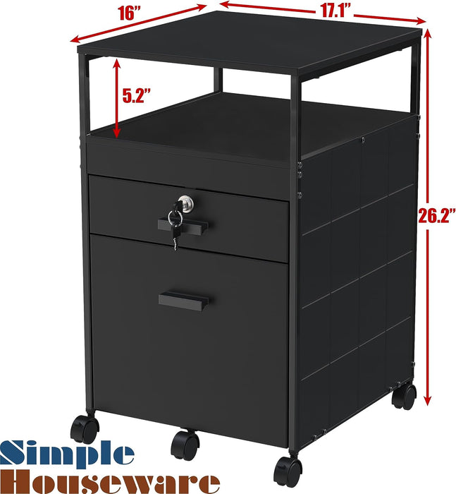 Rolling Mobile File Cabinet W/ 2 Drawers & Open Shelf, Black