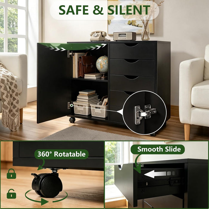 Black IndustrialGrade SolidWood File Cabinet On Wheels