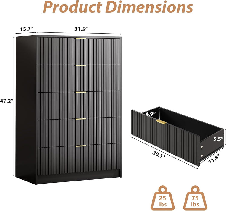 47" Tall Fluted 5-Drawer Dresser for Bedroom, Black