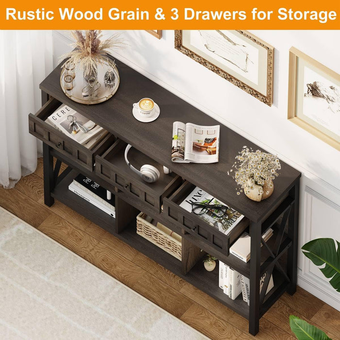 Rustic 6 Cube Storage Organizer Bookshelf with 3 Drawers, Short Low Horizontal Bookshelf for Living Room, Industrial Wood and Metal Cubby Bookcase for Home Office (Walnut Brown, 47 Inch)